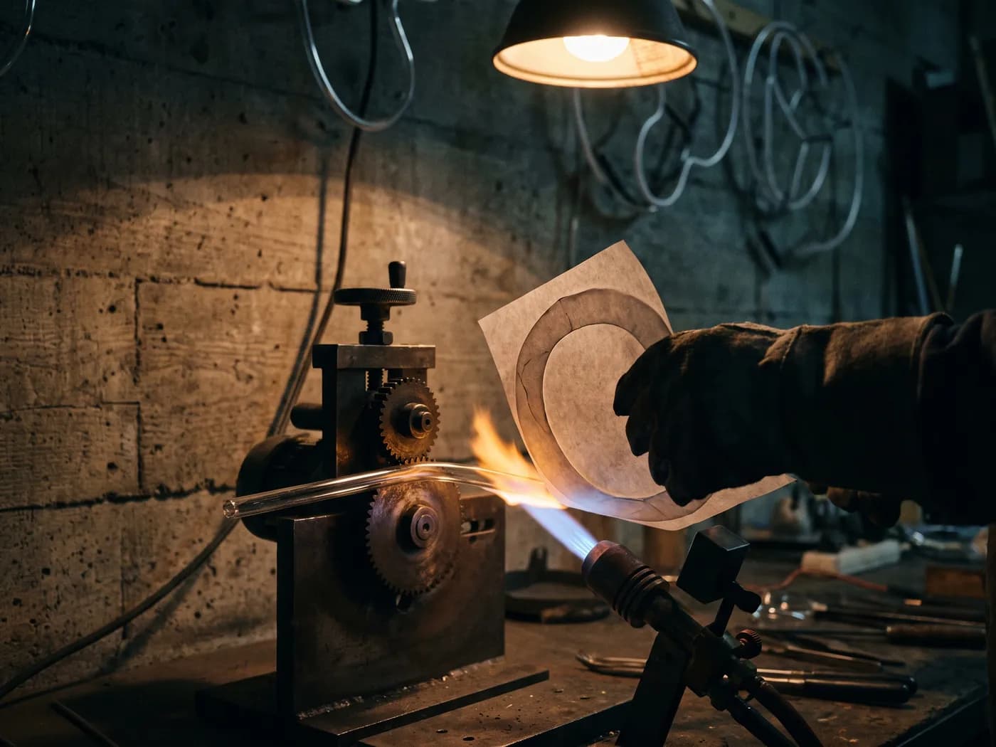 A mechanical jig bending a glass tube over a flame on its own while a gloved hand holds a paper pattern up to check the curve