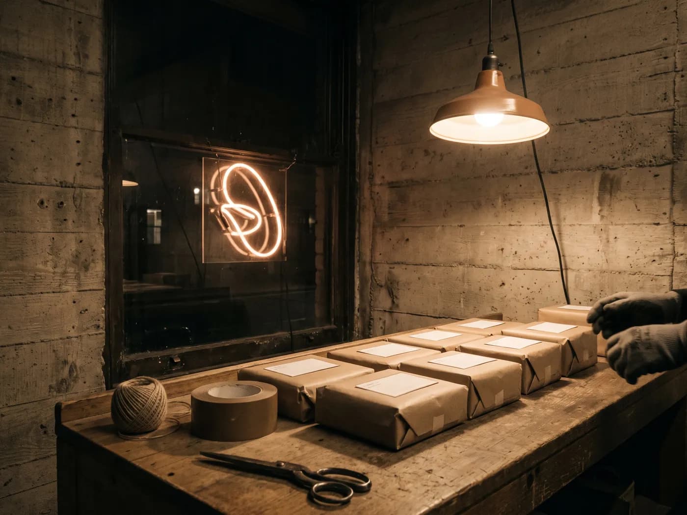 Wrapped parcels with blank labels lined up on a workbench at night, a lit neon loop reflected in the window behind them