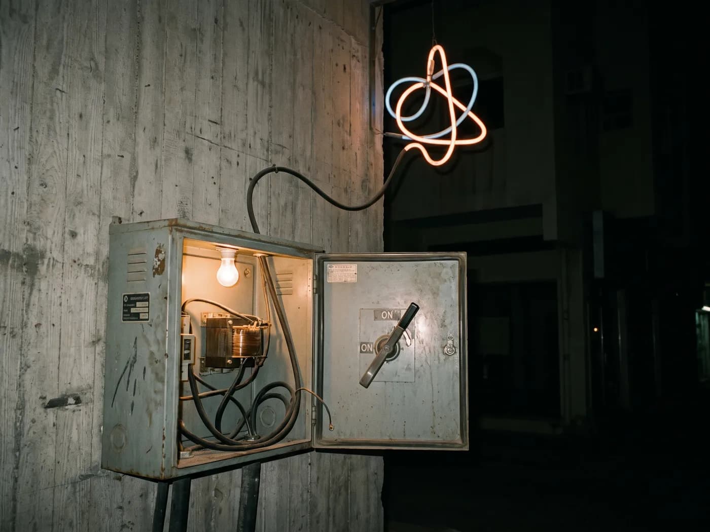 A steel power cabinet open on a concrete wall at night, its switch on, a cable rising to the lit neon loop above it