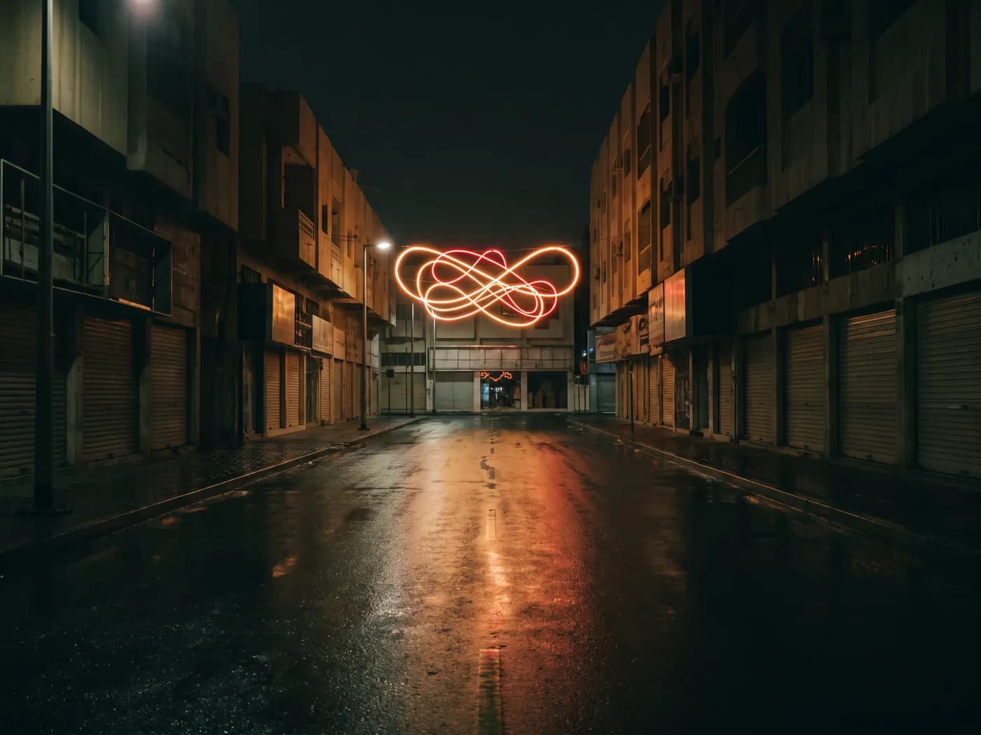 A long empty street at night with one lit neon loop above a shopfront at the far end, reflected in wet asphalt