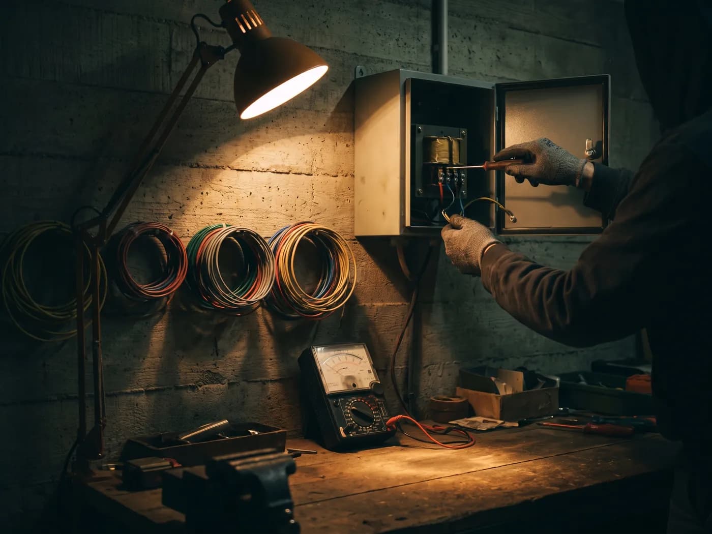 An open steel transformer box on a concrete wall with neat colour-coded wiring, a multimeter on the bench below, gloved hands at a terminal