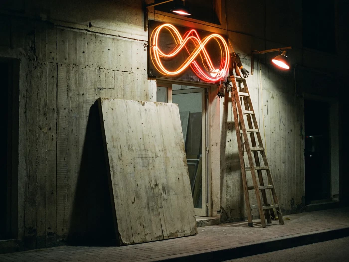 A shopfront at night with an old weathered sign board leaning against the wall and a new neon loop lit above the door, a ladder still up