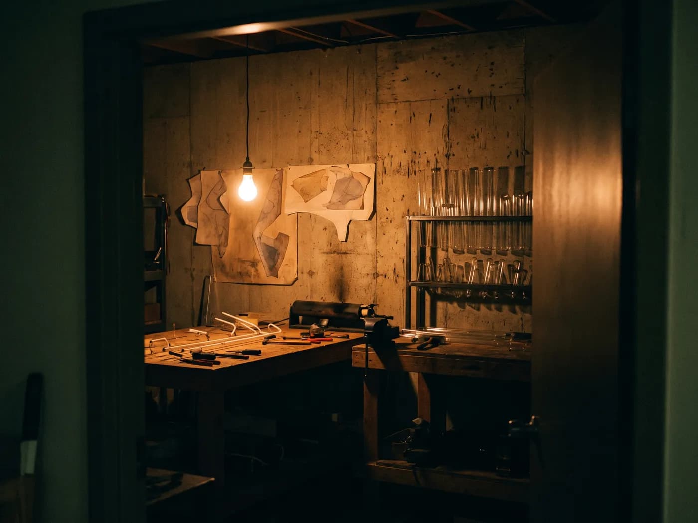 The sign-maker’s workshop at night: benches, a rack of glass tubes, patterns pinned to the concrete, one bulb over the main bench
