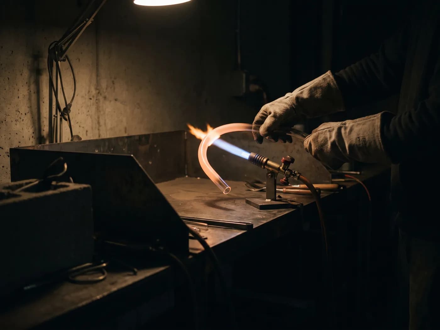 Gloved hands bending a glass tube over a ribbon burner’s flame, the heated glass glowing orange