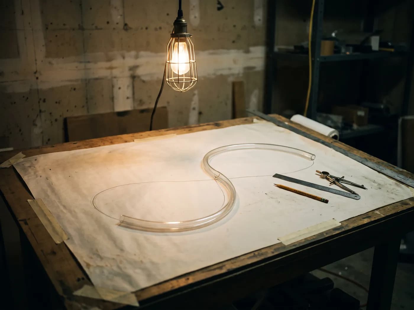 A full-size pattern for a new neon sign drawn in pencil on paper, with a bent glass tube laid along the curve to check it