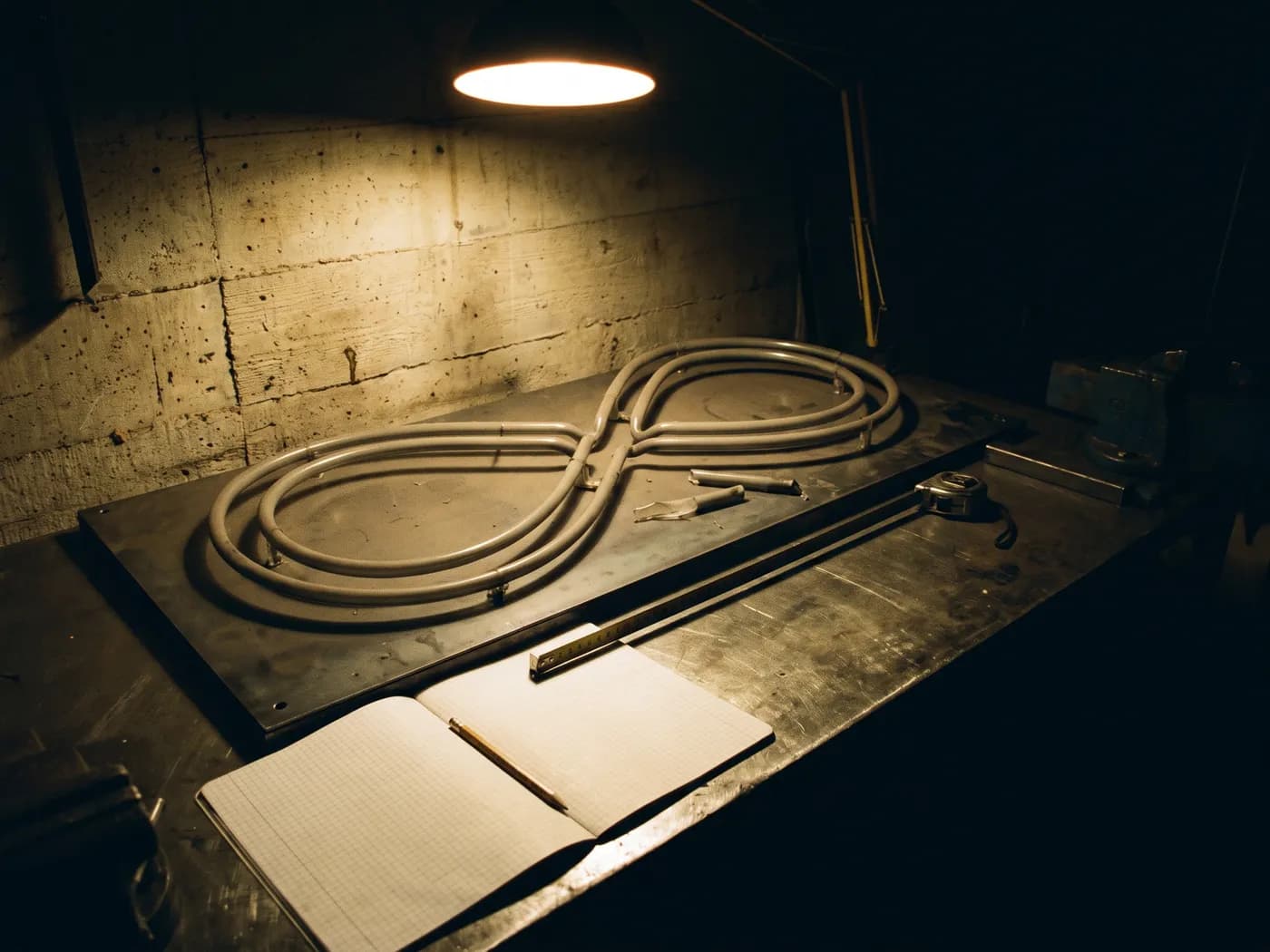 An old neon sign, unlit and dusty, laid on a steel workbench under one work lamp, a tape measure stretched across it